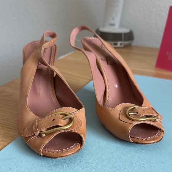 Yves Saint Laurent Shoes - Yves Saint Laurent Tan Leather Peep-Toe Slingback Heels with Gold Buckle